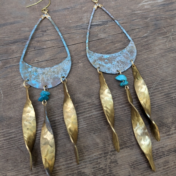 Rustic Large Statement Chandelier Turquoise Earrings - Picture 3 of 15